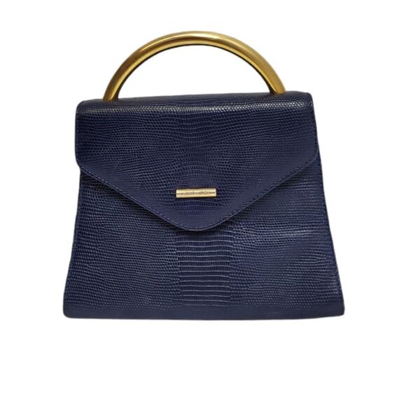VINTAGE Albert Nipon leather embossed navy blue‎ envelope purse with gold handle - Picture 1 of 13